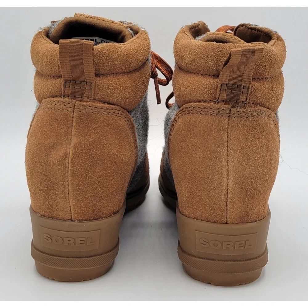 Sorel Wedge Boots Evie Ankle Lace Suede Felt Waterproof Brown/Gray Womens 6.5